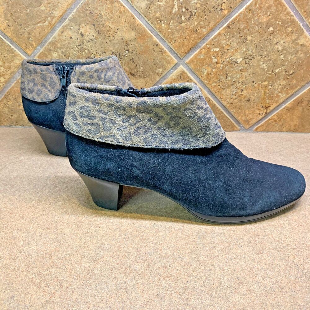 Munro Grace Black Suede Heeled Ankle Boot Animal Print Cuff Size 7 N Booties